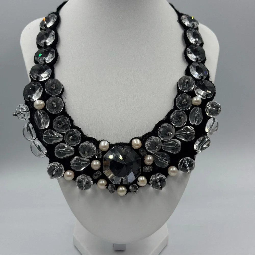 RK by Rajana Khan Swarovski Crystal and Simulated Pearl Bib Necklace Long 2010